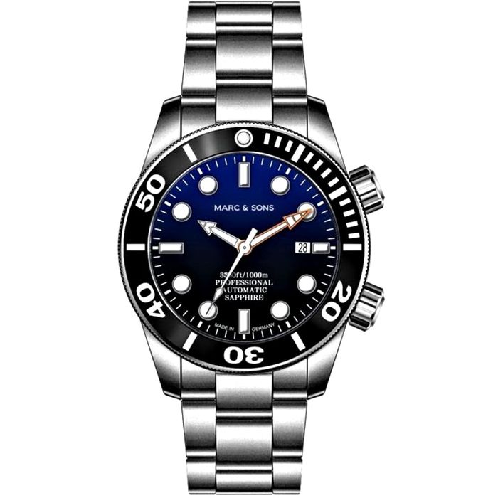Marc & Sons Professional Automatic Diver Men\'s Watch 46mm Black Bezel/Blue-Black Gradient Dial MSD-028-10S